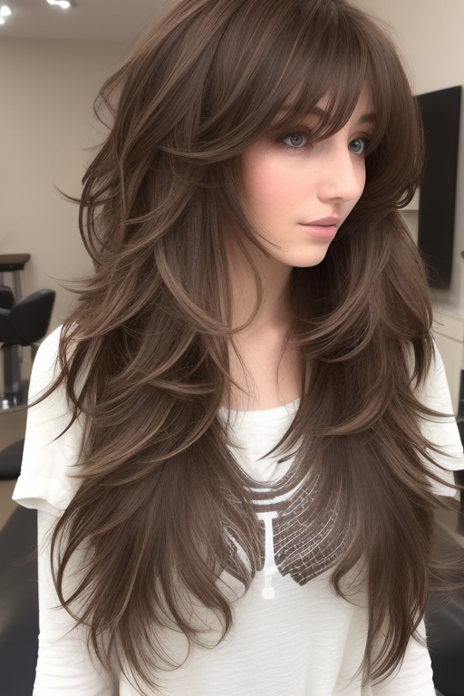 37 Stunning Voluminous Long Layered Haircuts : Rich Chocolate Textured Layers with Wispy Bangs