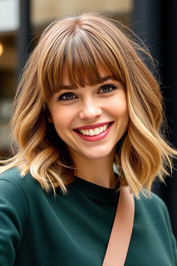 50 Wavy Lob Haircuts for Effortless Glamour : Rich Honey Blonde Long Bob with Bangs