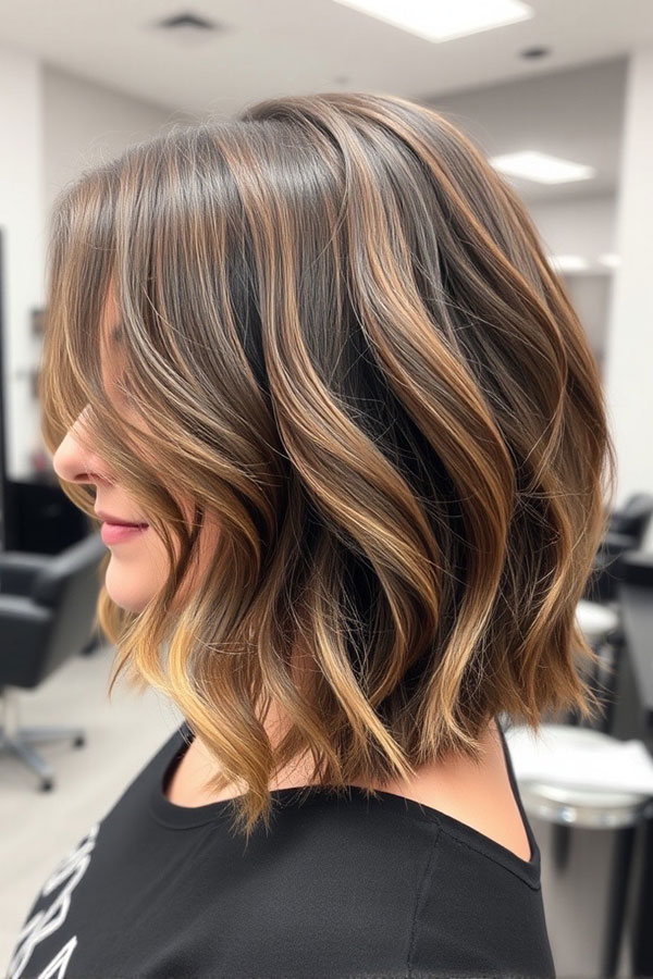 Rich Mocha Balayage Lob, Wavy Lob Haircut, Long Bob hairstyle