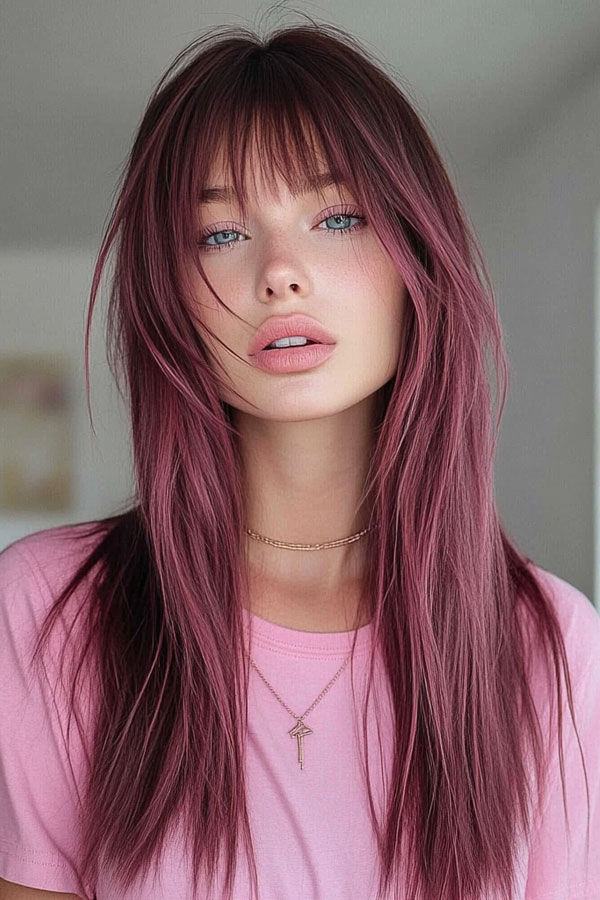 Rosy Mauve Long Straight Layers, Trendy Long Straight Haircut