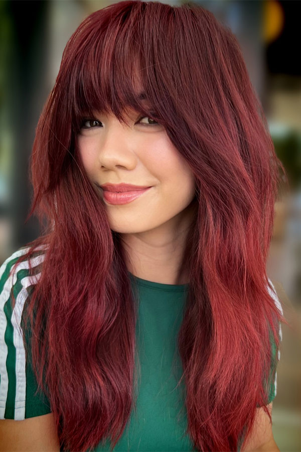 Ruby Red Shag, long shaggy haircut with bangs, effortless long shaggy haircut