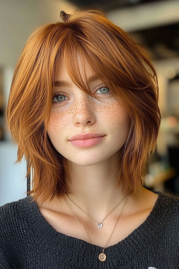 Shaggy Pumpkin Bob with Curtain Bangs, pumpkin hair colour idea on short hair