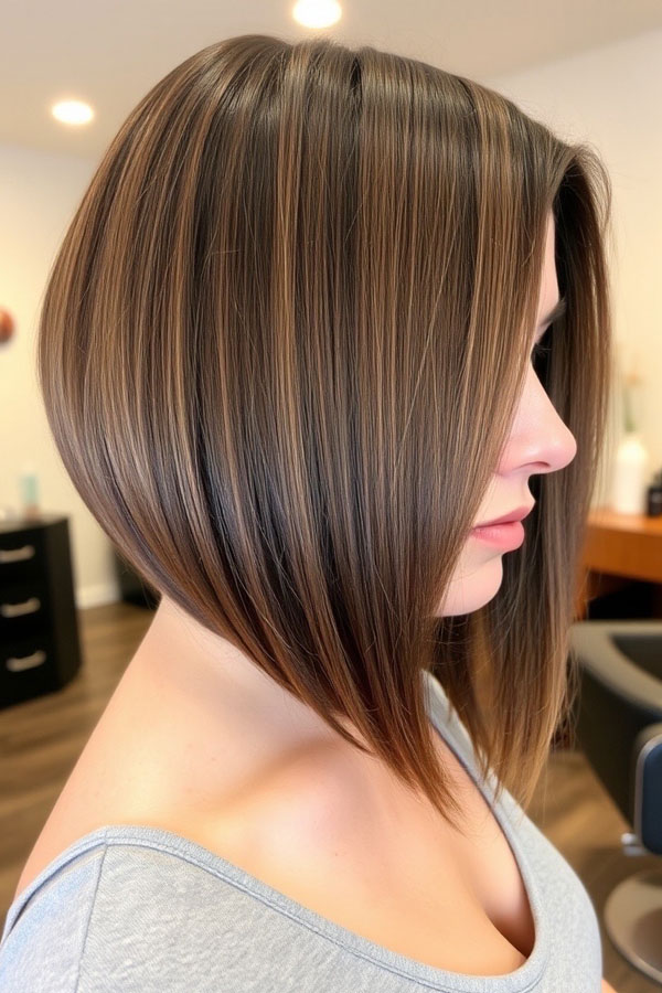 25 A-Line Haircuts to Personalize Your Style: Sharp A-Line Bob with Subtle Highlights