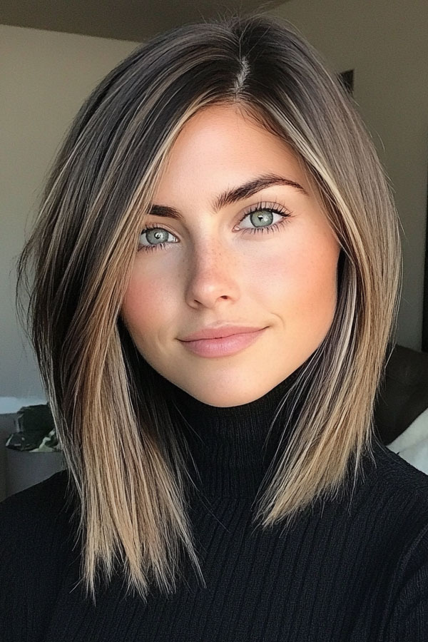 Sharp and Sleek Angled Lob, medium-length haircut, low maintenance medium-length haircut