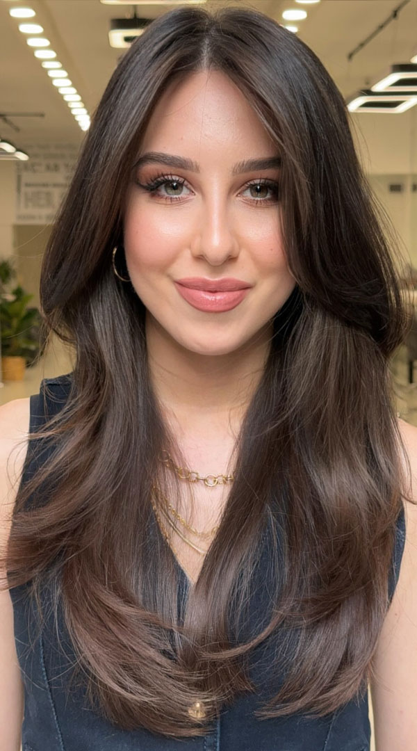 40 Long Layered Hairstyles to Enhance Straight Hair : Silky Brown Layers with a Polished Finish