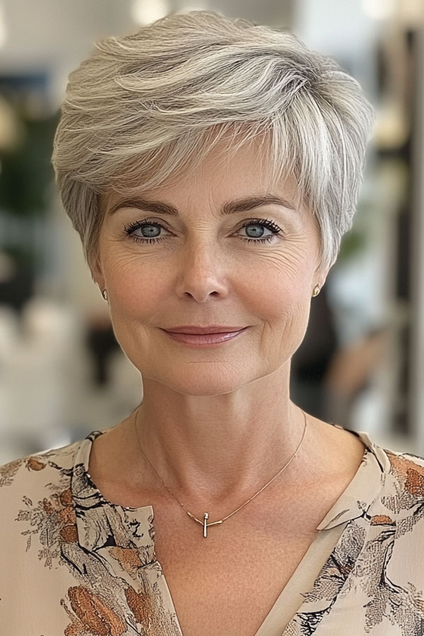 50 Pixie Hair Colour Ideas for Women Over 50 : Silver Fox Pixie Haircut