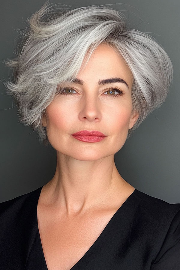 50 Trendy Pixie Haircuts For Women Over 50 : Silver Glam Pixie Bob Haircut