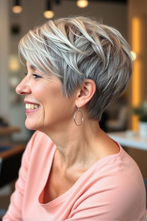 50 Pixie Hair Colour Ideas for Women Over 50 : Silver Pixie with Soft Layers