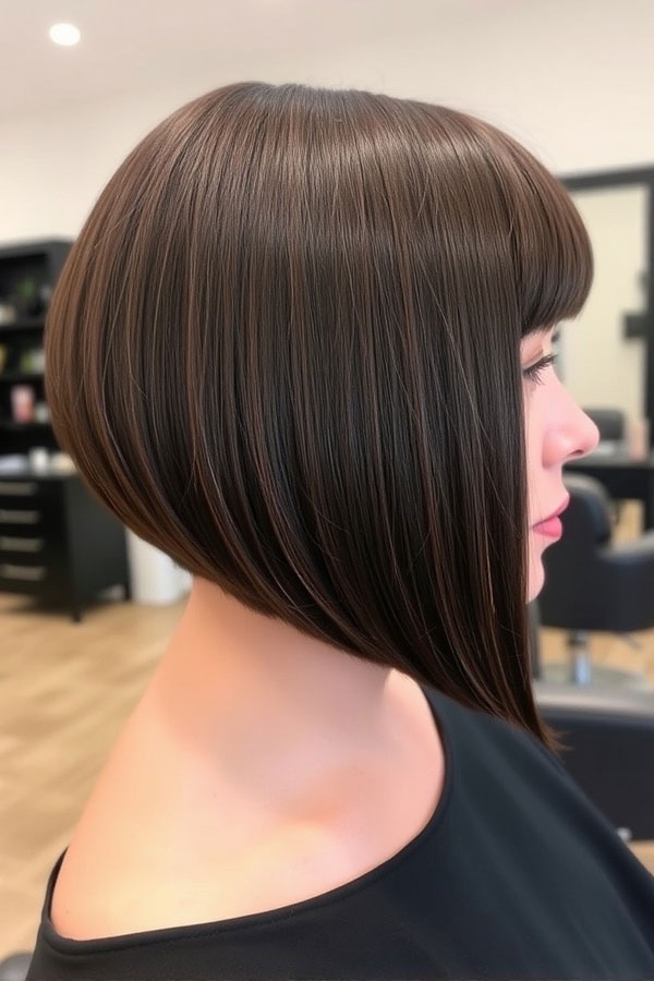 25 A-Line Haircuts to Personalize Your Style: Sleek A-Line Bob with Blunt Bangs