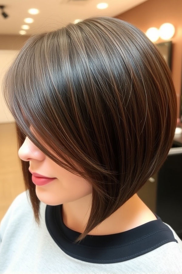 25 A-Line Haircuts to Personalize Your Style: Sleek A-Line Bob with Side-Swept Bangs