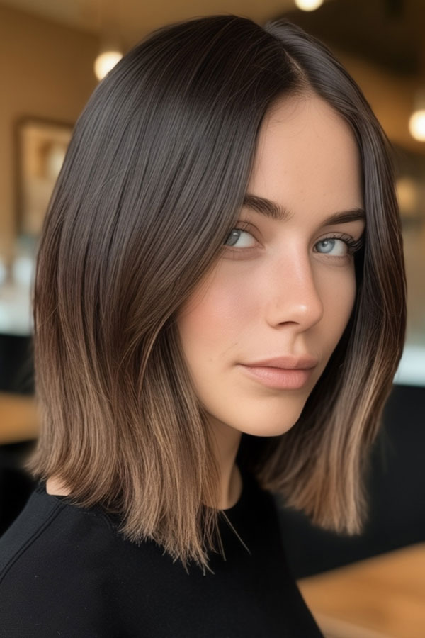 39 Flattering Medium Hairstyles Perfect for Thin Hair : Sleek Angled Bob with Subtle Ombre