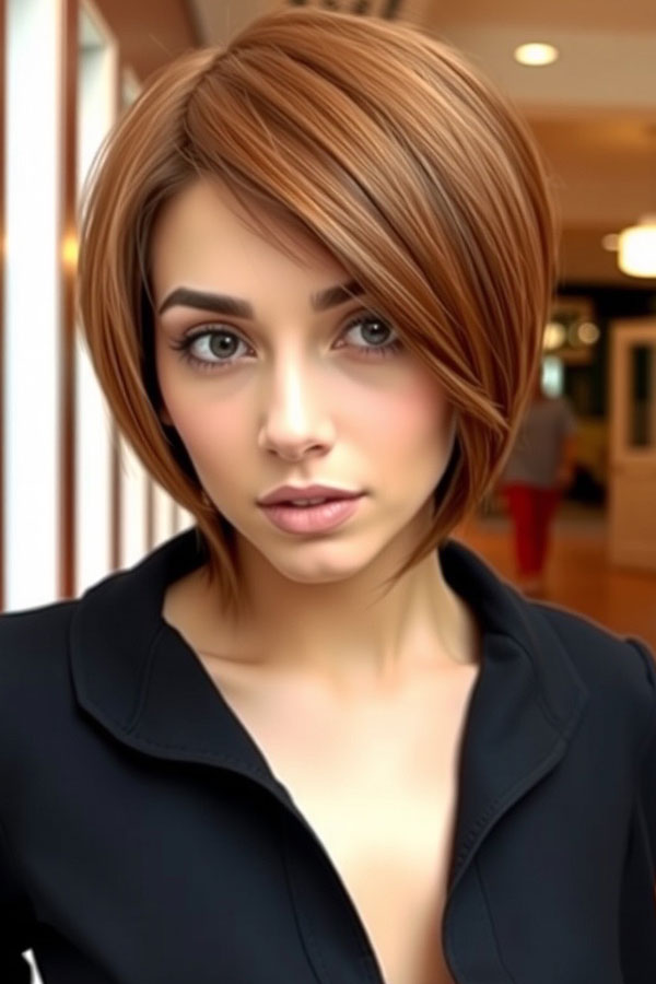 50 Fall Hair Colors to Light Up the Season : Sleek Auburn Bob with Side-Swept Bangs