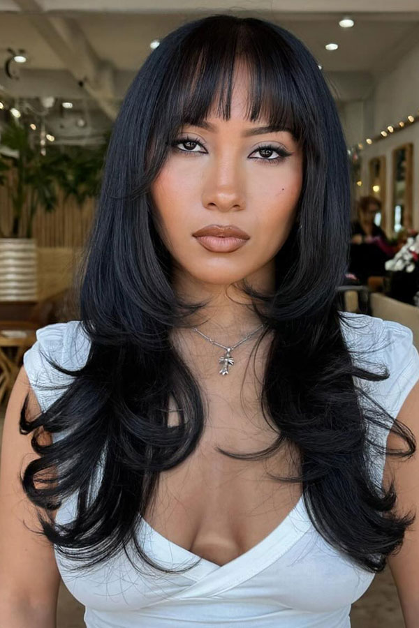 Sleek Black Layers with Wispy Bangs, Long Layered Hairstyle to Enhance Straight Hair, long layered haircut for straight hair, long layers, long layered haircut