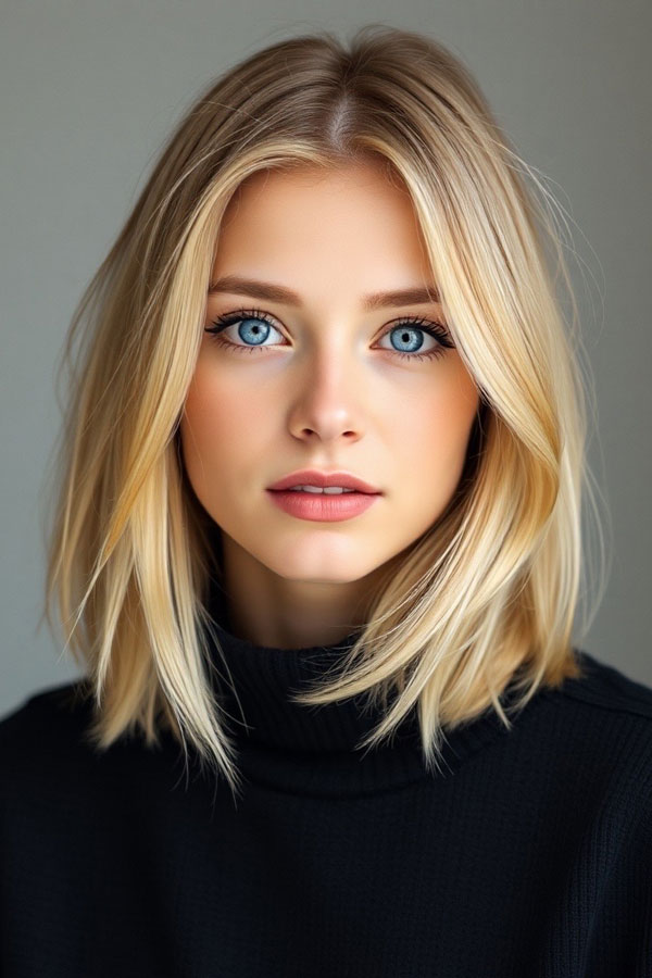 Sleek Blonde Lob with a Middle Part, sleek lob hairstyle, , long bob hairstyle, , medium-length haircut, low maintenance medium-length haircut