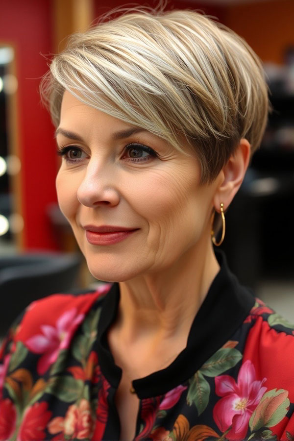 50 Trendy Pixie Haircuts For Women Over 50 : Sleek Blonde Pixie with Side-Swept Fringe