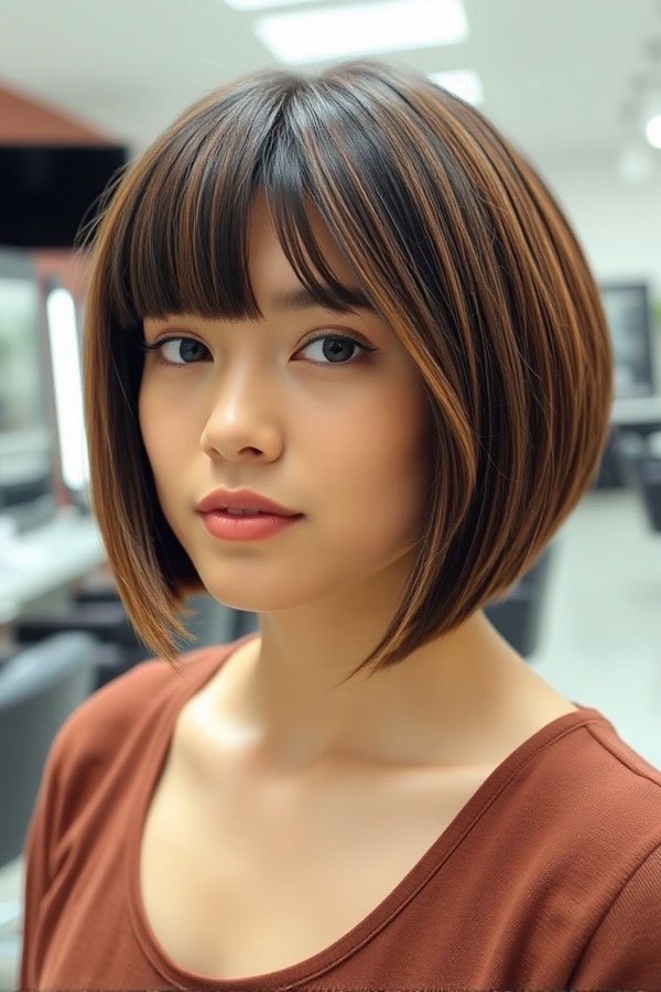 53 Gorgeous Hair Colours for the Fall Season : Sleek Blunt Bob with Subtle Highlights and Bangs