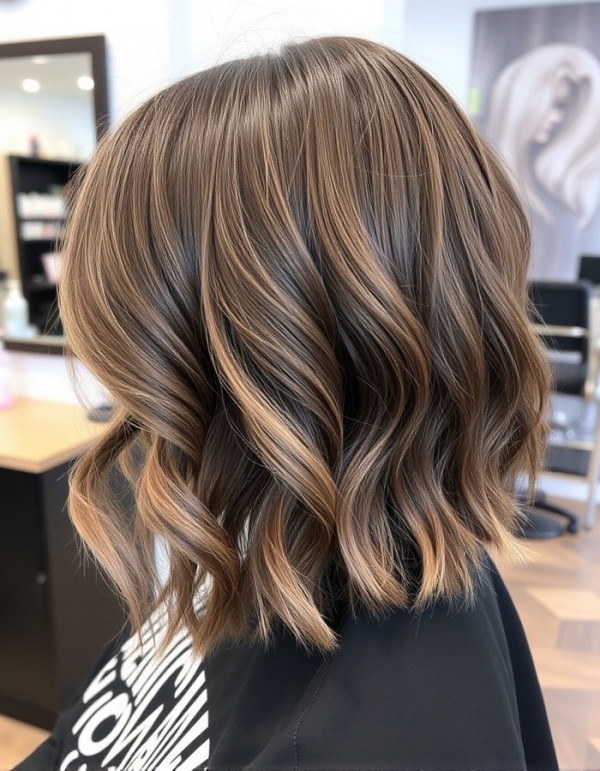 Sleek Caramel Long Bob Waves, Wavy Lob Haircut, Long Bob hairstyle