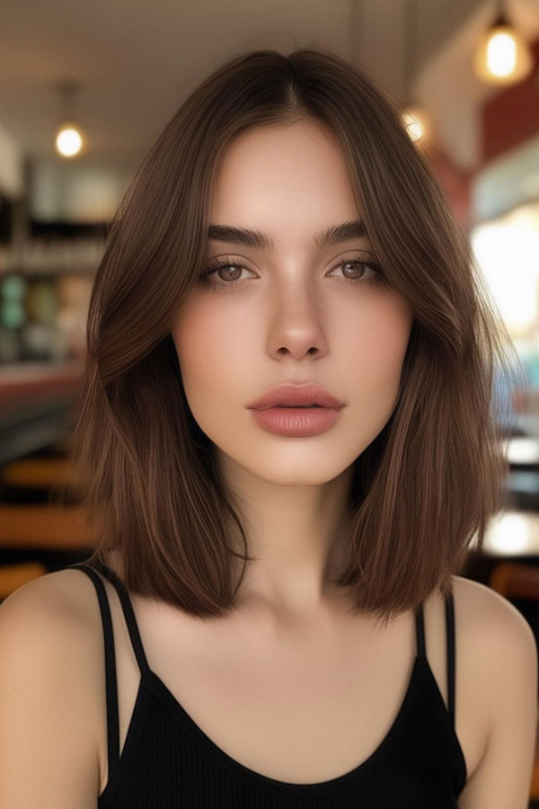 39 Flattering Medium Hairstyles Perfect for Thin Hair : Sleek Center-Parted Lob