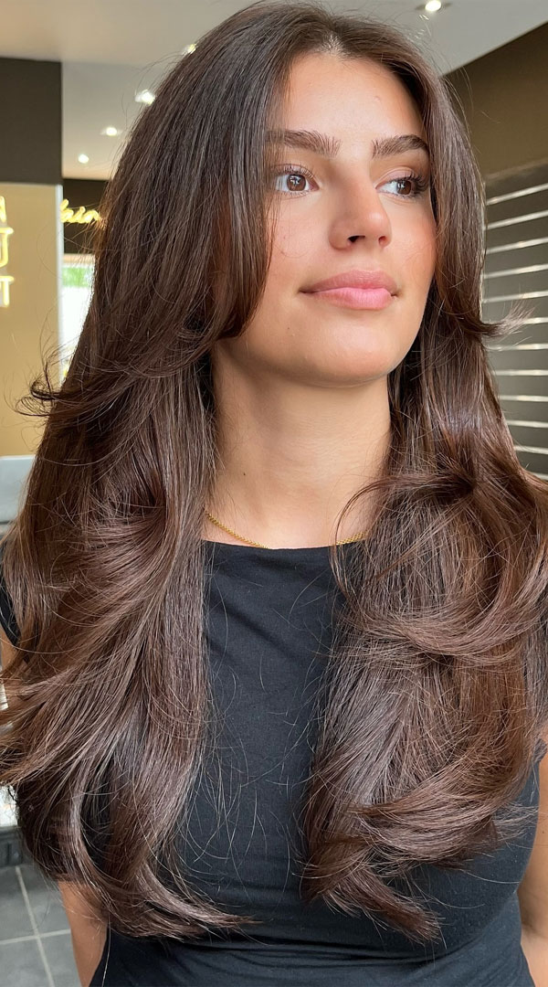 Sleek Chestnut Brown Layers, trendsetting Short Layer Cuts on Long Hair, Short Layer Haircuts on Long Hair, layered haircut, short layered haircut on long hair