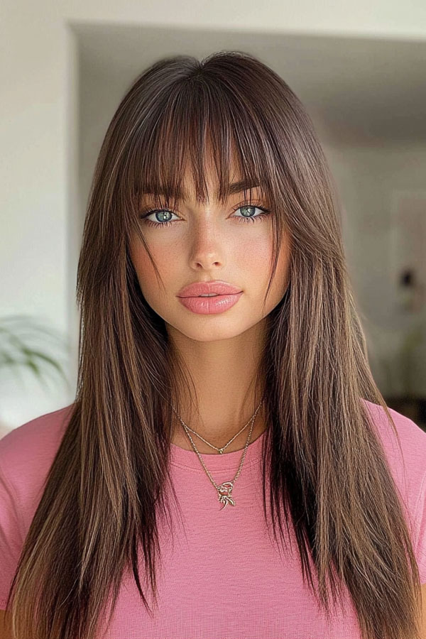 Sleek Chocolate Brown Locks with Fringe, , Trendy Long Straight Haircut