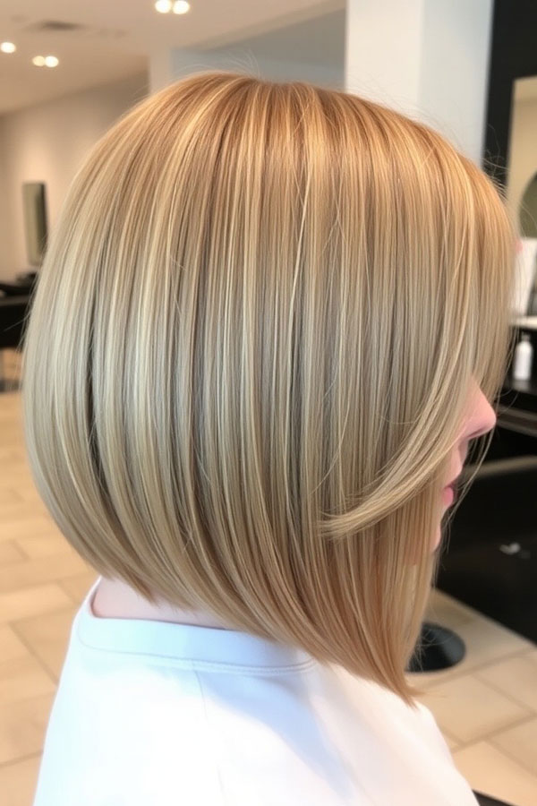 25 A-Line Haircuts to Personalize Your Style: Sleek Icy Blonde Platinum A-Line Bob