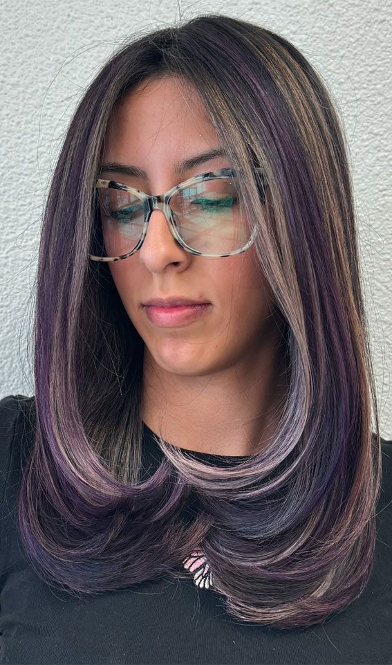 Sleek Layers with Subtle Purple Highlights, shoulder length layered haircut, Trending Medium Layered Haircuts, medium length layered haircut, medium length layered hairstyle