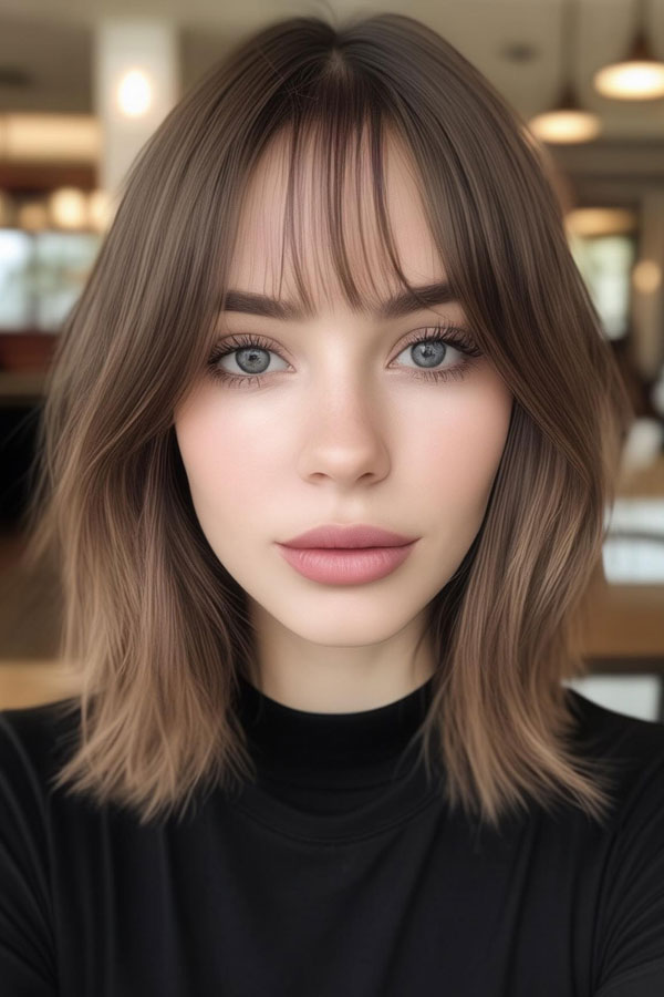 39 Flattering Medium Hairstyles Perfect for Thin Hair : Sleek Lob with Light Wispy Bangs