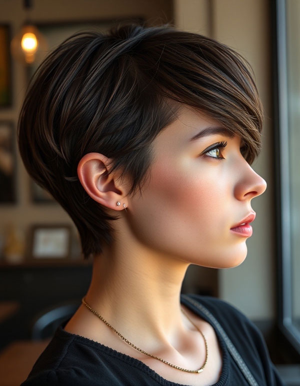 Sleek Pixie Cut with Side-Swept Bangs, pixie haircut, fall hair colour