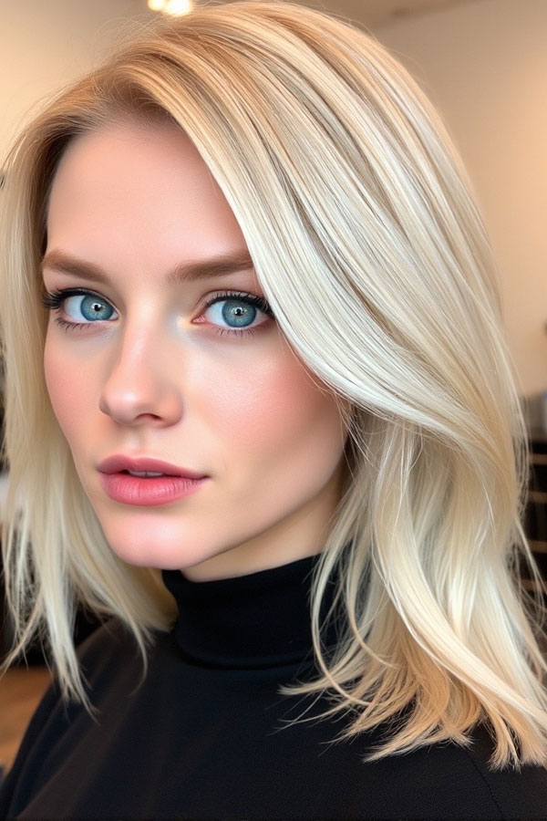 32 Low-Maintenance Medium-Length Haircuts : Sleek Platinum Lob with a Side Part