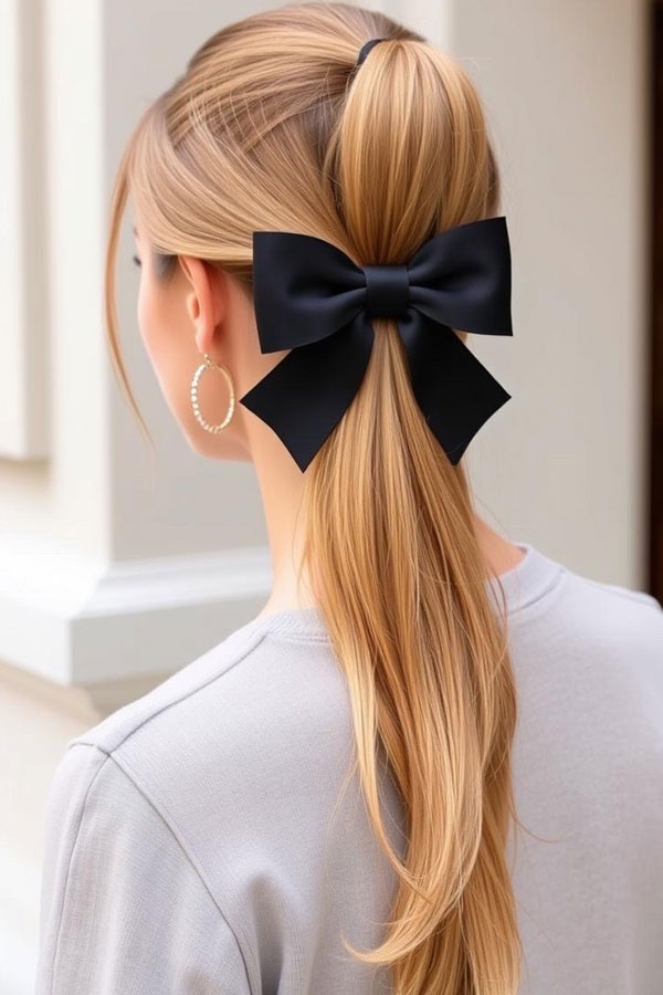 Sleek Ponytail with Black Bow