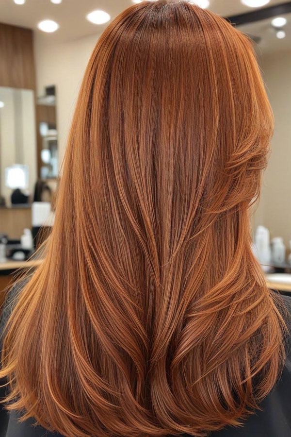 Sleek Pumpkin Layers,  pumpkin hair colour, long layered haircut