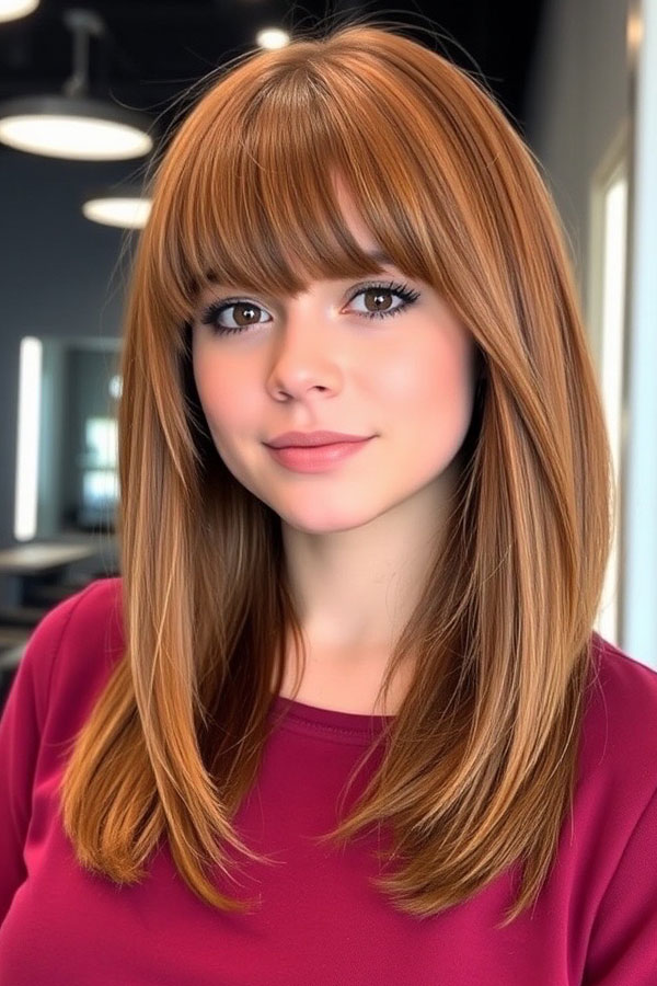 Sleek Pumpkin Spice with Full Fringe, pumpkin hair colour