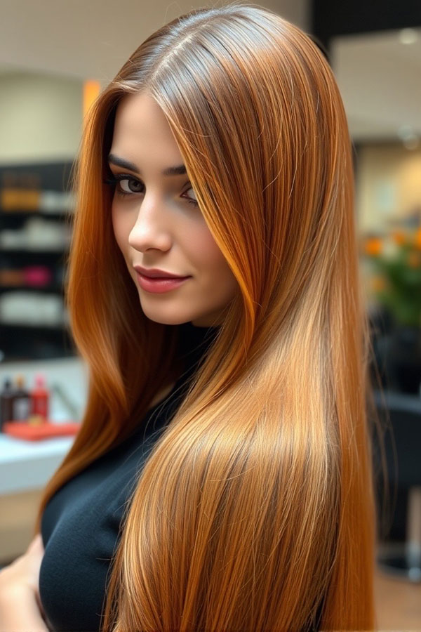 25 Cute Pumpkin Hair Colour Ideas for Fall : Sleek Pumpkin-Toned Silky Long Hair