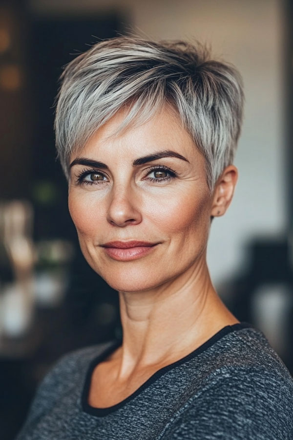 50 Trendy Pixie Haircuts For Women Over 50 : Sleek Silver Pixie with Longer Top