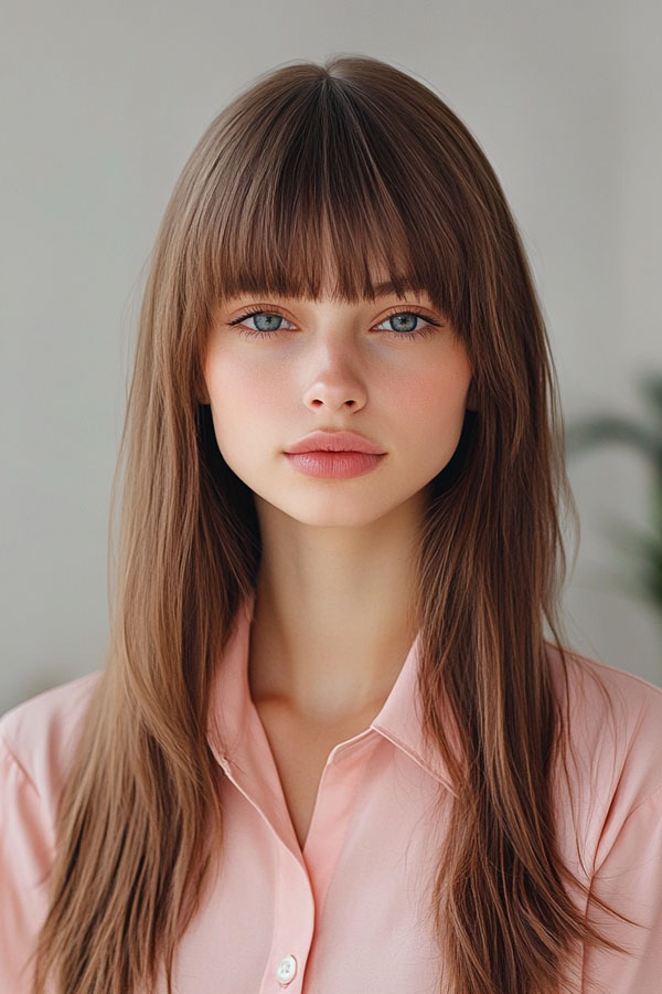 35 Trendy Long Straight Haircuts To Try Now : Sleek Straight Chestnut Brown with Blunt Fringe