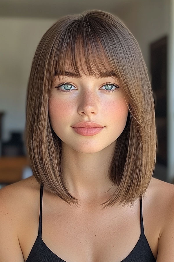 39 Flattering Medium Hairstyles Perfect for Thin Hair Sleek Straight Lob with Full Fringe