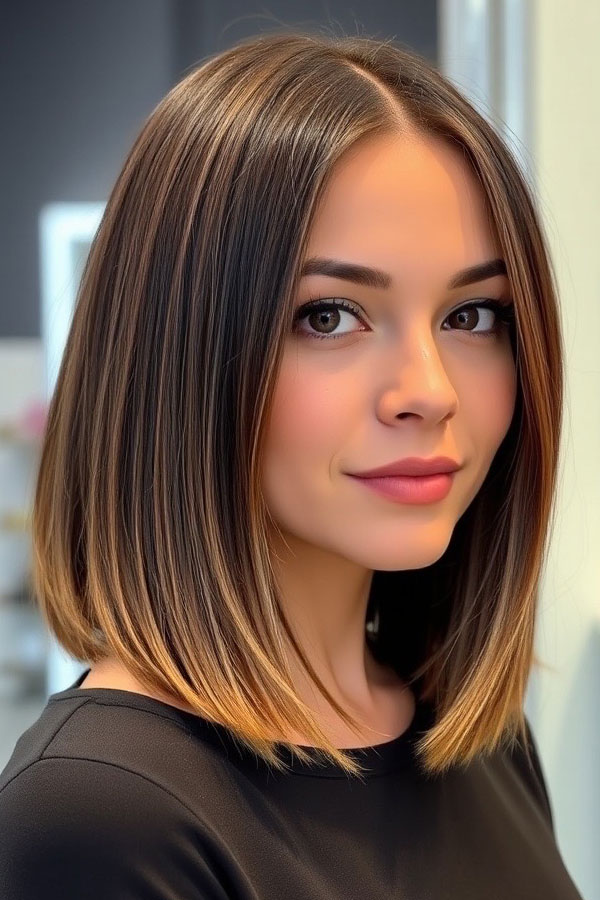 Sleek and Polished Blunt Lob, medium-length haircut, low maintenance medium-length haircut