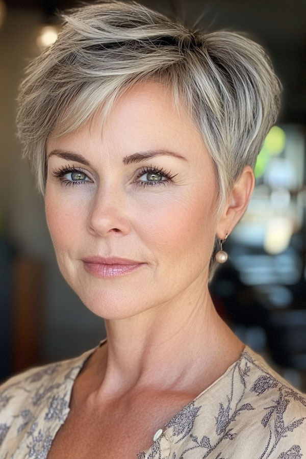 50 Pixie Hair Colour Ideas for Women Over 50 : Soft Ash Blonde Pixie