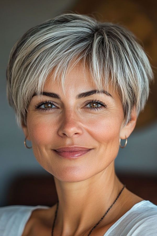 50 Pixie Hair Colour Ideas for Women Over 50 : Soft Ash Blonde Pixie with Feathered Layers