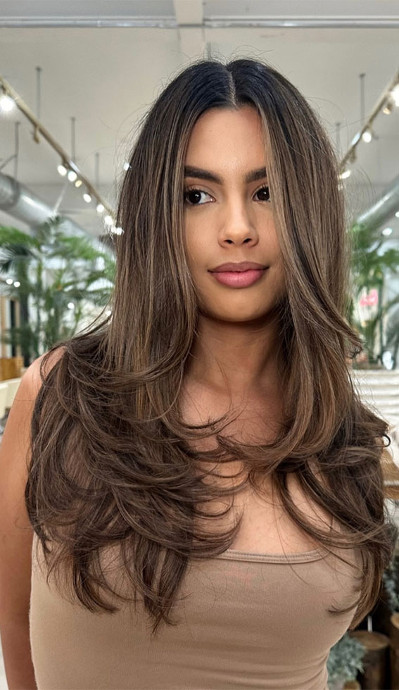 Soft Ash Brown Layers with Feathered Ends, Long Layered Hairstyle to Enhance Straight Hair, long layered haircut for straight hair, long layers, long layered haircut