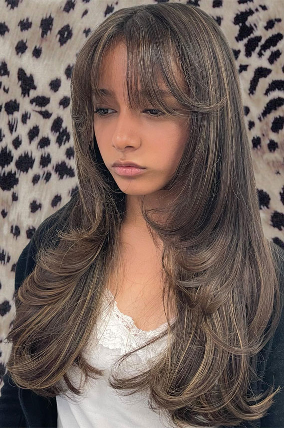 Soft Ash Brown Layers with Wispy Bangs, Long Layered Hairstyle to Enhance Straight Hair, long layered haircut for straight hair, long layers, long layered haircut