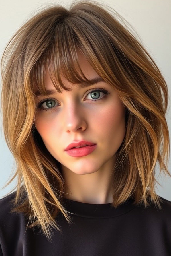 53 Gorgeous Hair Colours for the Fall Season : Soft Auburn Lob with Bangs