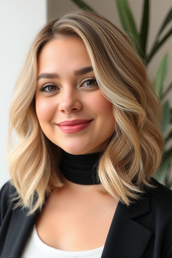 50 Wavy Lob Haircuts for Effortless Glamour : Soft Blonde Waves with a Side Part