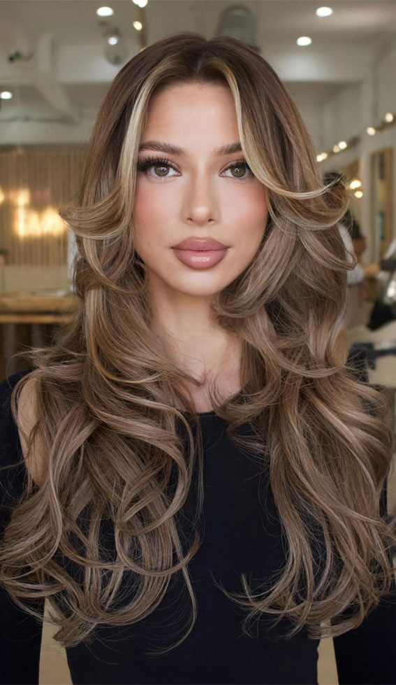 40 Long Layered Hairstyles to Enhance Straight Hair : Soft Bronde Layers with Curtain Bangs