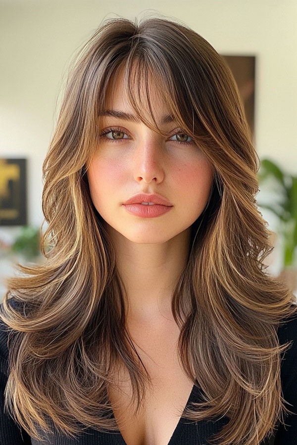 Soft Brunette Layers with Bangs, trendsetting Short Layer Cuts on Long Hair, Short Layer Haircuts on Long Hair, layered haircut, short layered haircut on long hair