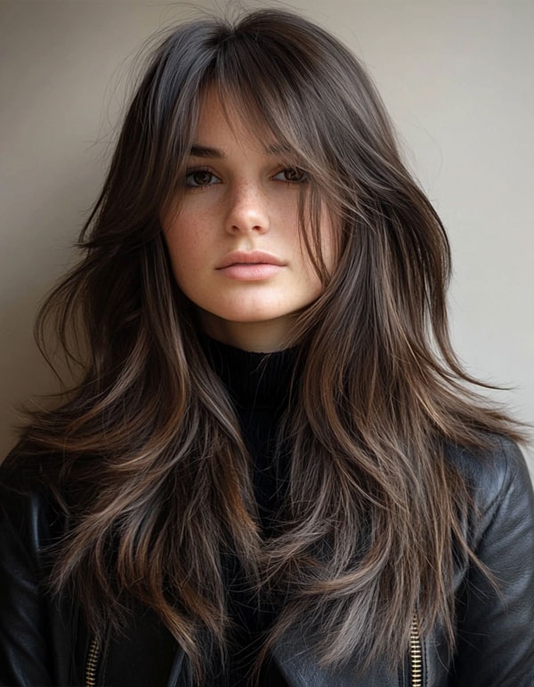 Soft Brunette Shag with Curtain Bangs, voluminous long layered haircut, long layered hairstyle