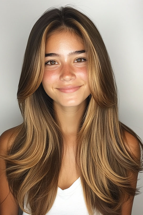 50 Must-Try Autumn Hair Colours : Soft Caramel Layers with Curtain Bangs