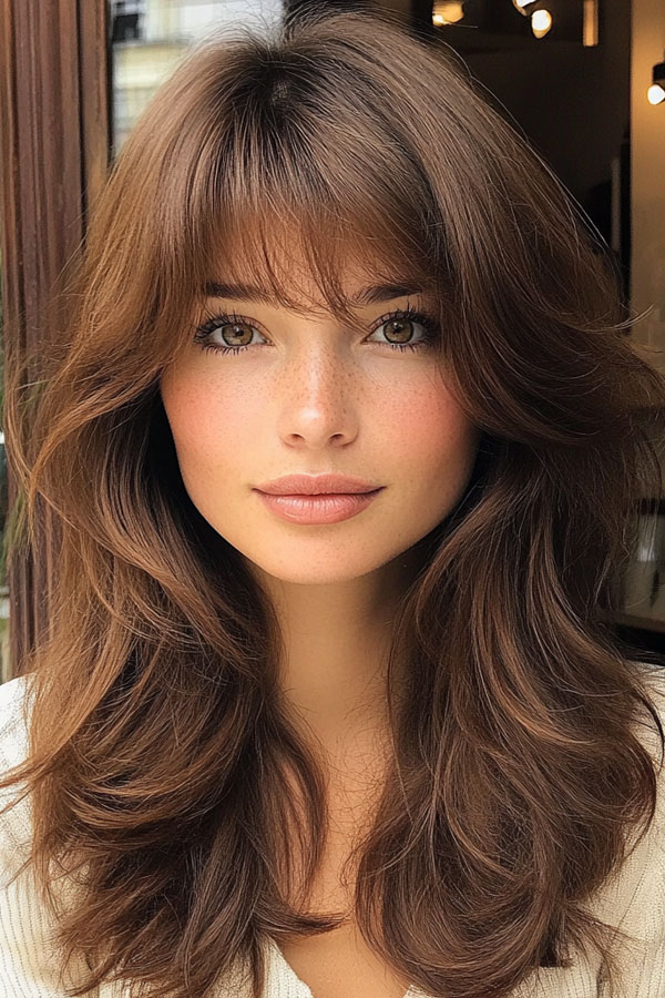 Soft Chestnut Layers with Feathered Bangs, autumn hair colour , fall hair color, autumn hair colour trend