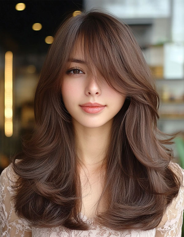 Soft Chestnut Layers with Wispy Bangs, autumn hair colour , fall hair color, autumn hair colour trend