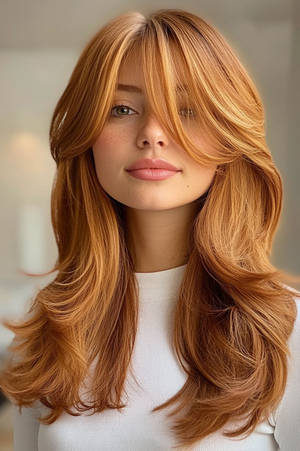 50 Fall Hair Colors to Light Up the Season : Soft Golden Layers with Wispy Curtain Bangs